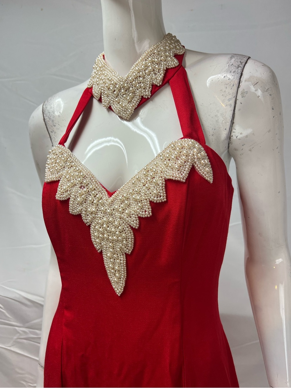 Vintage Women's 12 Red Halter Faux Pearl Embellished Long Slits 80s Gown Dress - Picture 5 of 9